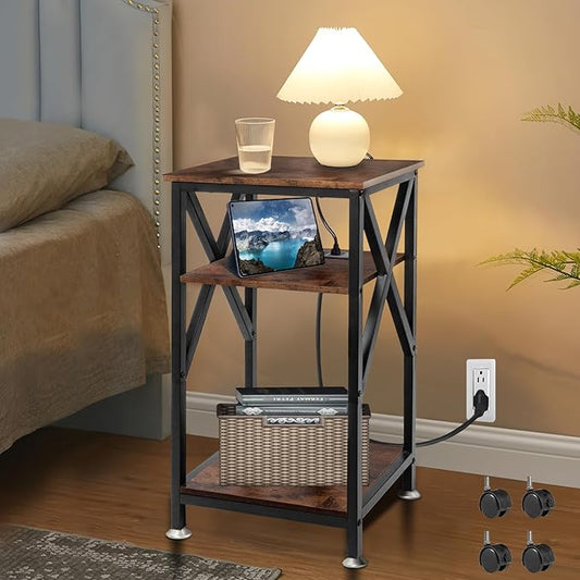 TooCust 3 Tier End Table with Charging Station, 16" W x 12" D x 28" H, Metal and Brown Bedside Table with USB Ports and Outlets, X-Shaped Side Table with Wheels for Living Room, Bedroom, Kitchen