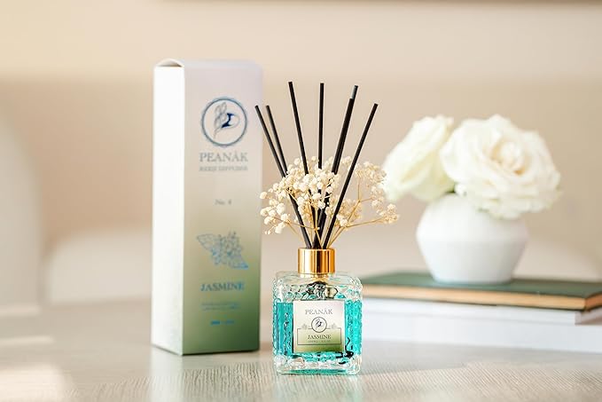 Reed Diffuser Set - Jasmine Amber Oil, Oil Diffuser Sticks, Bathroom Diffuser, Bathroom Decor, 200ml with Preserved Flowers - PEANÄK
