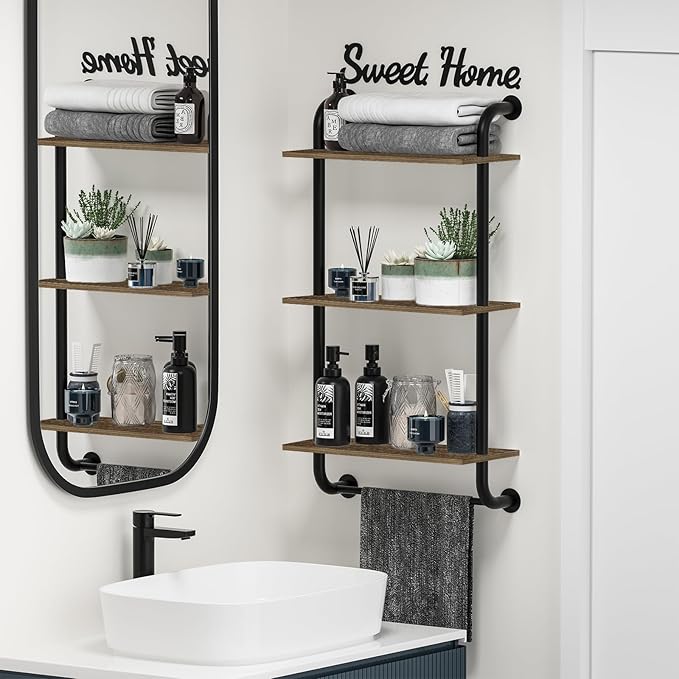 Bathroom Shelves Wall Mounted, 3-Tier Rustic Wood Wall Shelf, 17.3 inch Industrial Pipe Floating Bathroom Shelf,Brown