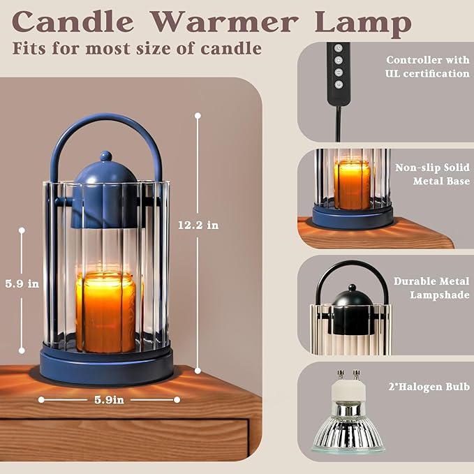 Birdcage Candle Warmer Lamp with Timer, Dimmable Candle Lamp Warmer, Electric Candle Lamp for Various Jar Candles, Vintage Lamp Candle Warmer for Bedroom, Blue Candle Light Warmer with 2 Bulbs