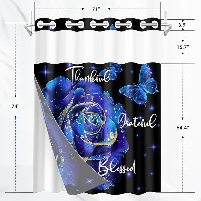 Blue Rose Floral No Hook Shower Curtain with Snap in Liner, Butterfly Flower Grateful Blessed Bath Curtain with Double Layers Waterproof Fabric and Mesh Top Window 71x74 Inch