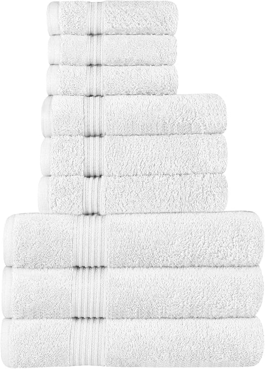 Superior Egyptian Cotton 9-Piece Towel Set, Assorted Towels for Home Bathroom, Guest Bath Decor Essentials, Includes 3 Bath, 3 Hand, 3 Face Towels/Washcloths, Quick Dry, Absorbent - White