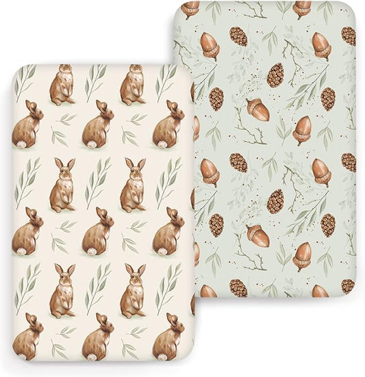 ACRABROS Crib Sheets for Girl Boy: Stretchy Baby Fitted Crib Mattress Sheets Sets 2 Pack Standard Size Ultra Soft Neutral, Rabbit Nuts