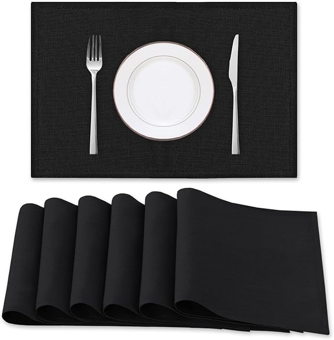 H.VERSAILTEX Linen Placemats Set of 6 Premium Solid Table Placemats for Dining Table Spill-Proof Waterproof Table Mats Heat-Resistant Kitchen Table Mats Washable, 12x18 inches, Black