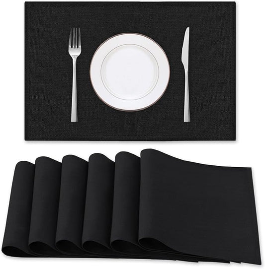 H.VERSAILTEX Linen Placemats Set of 6 Premium Solid Table Placemats for Dining Table Spill-Proof Waterproof Table Mats Heat-Resistant Kitchen Table Mats Washable, 12x18 inches, Black