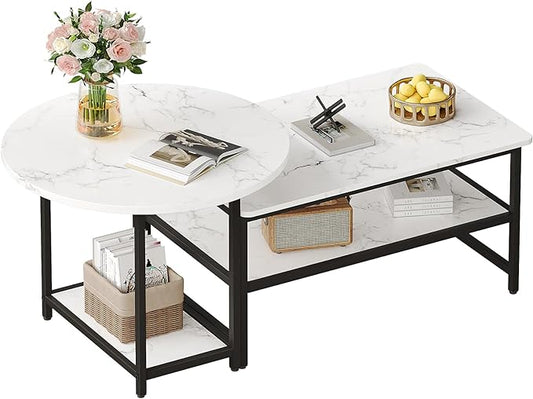 WOHOMO Coffee Table, White Modern Coffee Tables for Living Room, Detachable 2 Small Coffee Tables, Faux White Marble