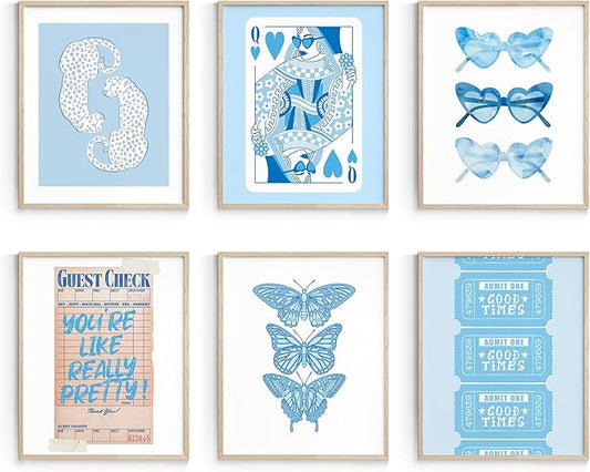 Habseligkeit Cute Blue Wall Art Prints, Butterfly Wall Decors for Room Aesthtic, Abstract Posters for Girls' Bedroom Wall Decor Aesthetic Unframed, 8X10in, Set of 6