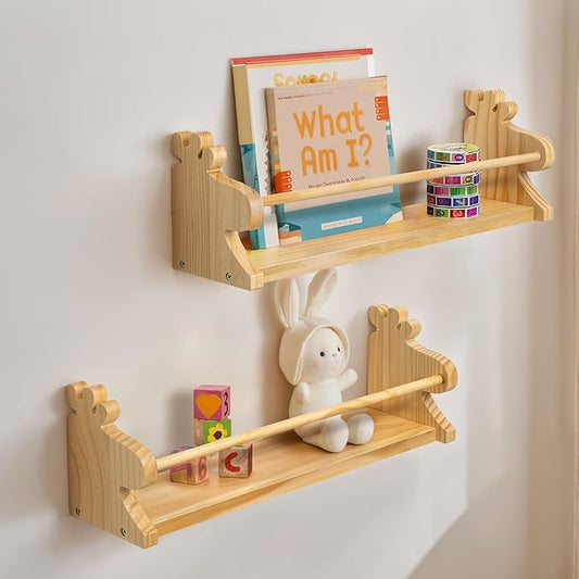 Gronda Cute Nursery Floating Shelves, Natural Solid Pine Wood Kids Bookshelves Wall Mount Storage Organizer Rustic Boho Decor for Kids Room Playroom Study Room Living Room Bedroom