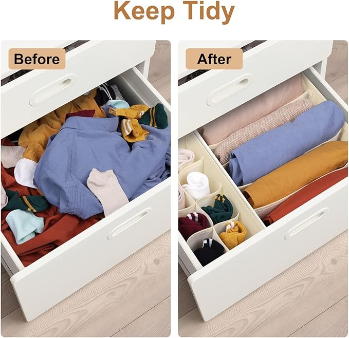 Drawer Organizer Divider, Foldable Closet Storage Organizer Basket, and Fabric Organization Bins for Clothes, Socks, Underwear, Bras, Ties, Accessories, 4 Pcs (Beige & Dark Grey)