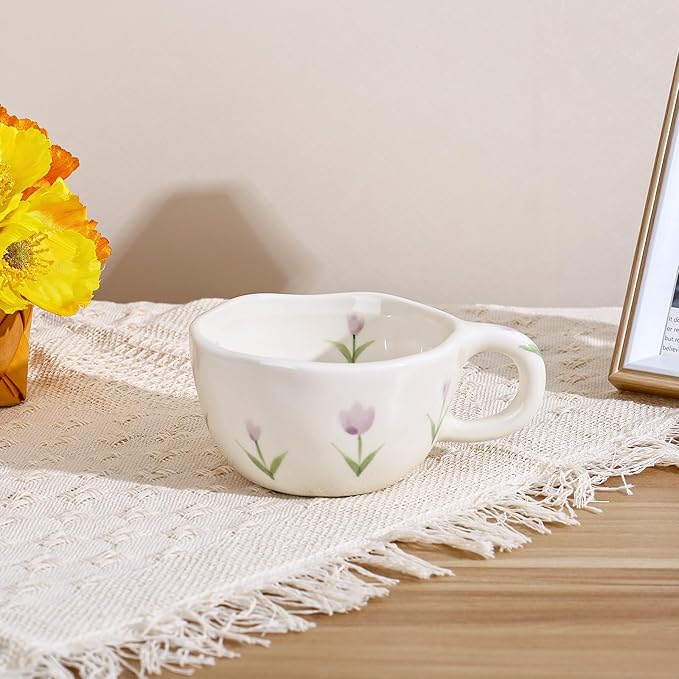Koythin Ceramic Coffee Mug, Handmade Hot Chocolate Mugs, Cute Cup for Girl Women, Aesthetic Tea Milk Cup with Handle, 8.5 oz/250 ml for Latte, Cocoa, Office, Home (Purple Tulip)