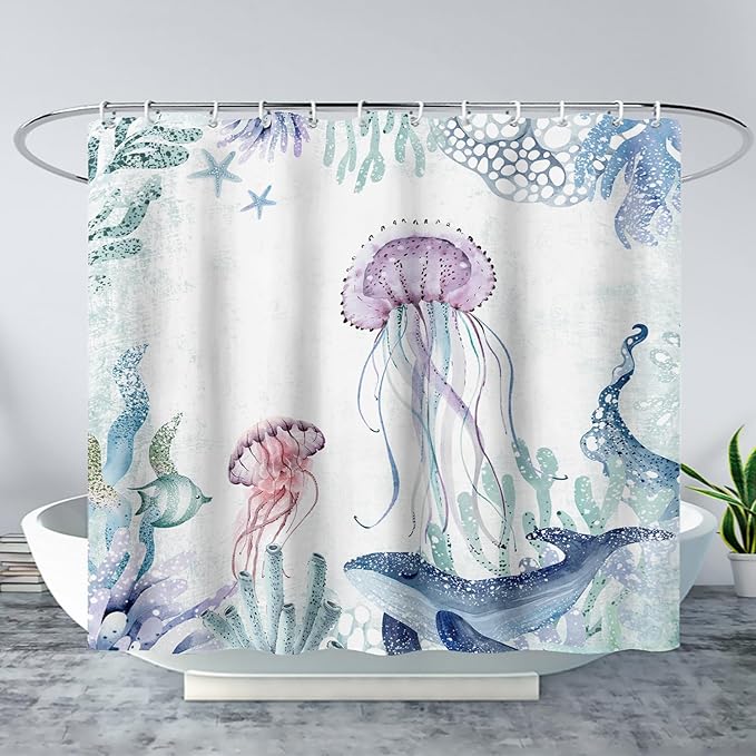 AILONEN Cartoon Jellyfish Shower Curtain for Bathroom Teal Blue Ocean Beach Coastal Bath Curtain Decor 72" W*84" H Polyester Fabric Waterproof Bathroom Curtain with 12 Hooks