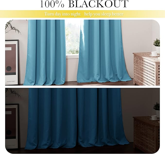NICETOWN 100% Blackout Curtains with Same Color Liners, Thermal Insulated Full Blackout Lined Drapes, Energy Efficiency Window Draperies for Boy's Room (Teal Blue, 2 Panels, 52-inch W by 45-inch L)