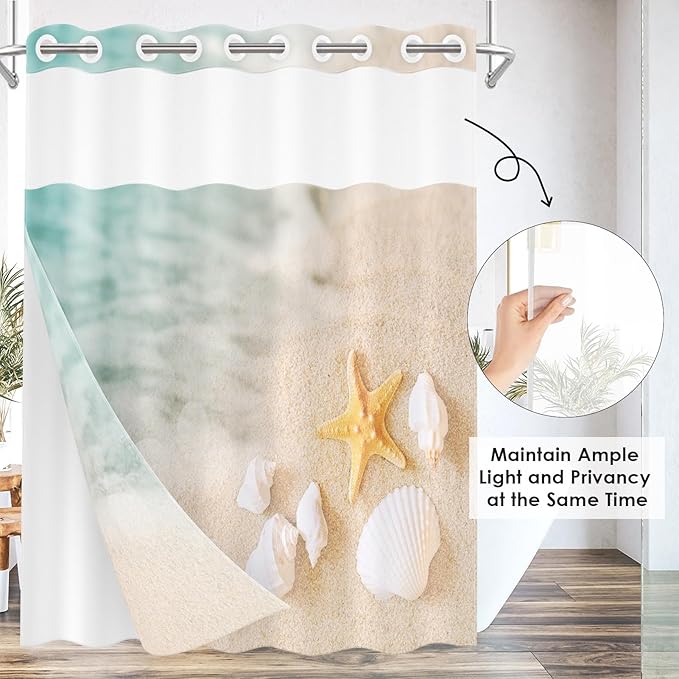 Beach Ocean No Hook Shower Curtain with Snap in Liner, Starfish Shell Sea Bath Curtain with Double Layers Waterproof Fabric and Mesh Top Window 71x74 Inch