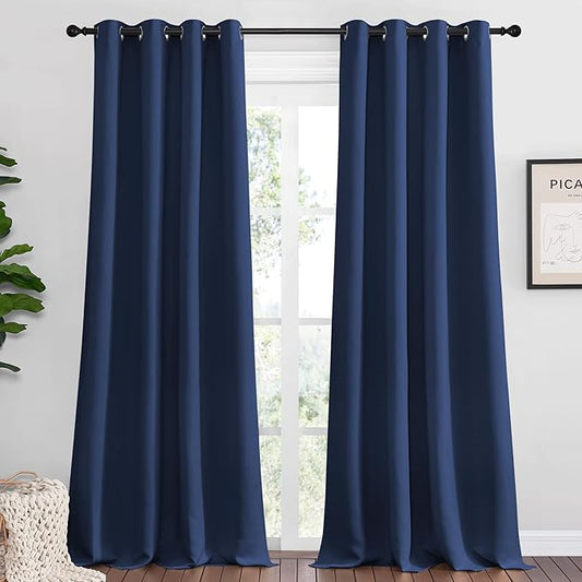 NICETOWN Bedroom Blackout Curtains Panels, 1 Pair, 52 inches by 92 Inch, Navy, Triple Weave Energy Saving Thermal Insulated Solid Grommet Blackout Draperies for Patio