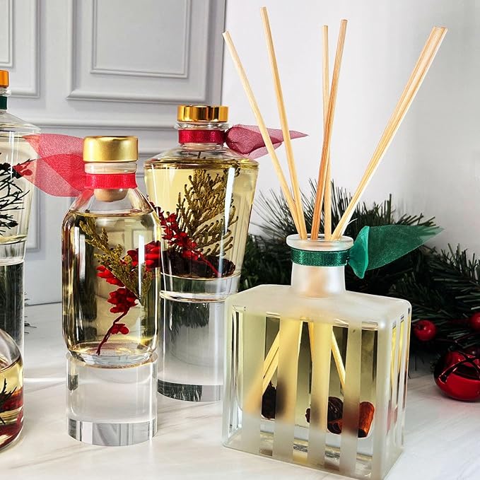 LOVSPA Holiday Cinnamon Pine Cones Reed Diffuser Oil Gift Set | Fir Needles, Cinnamon Sticks, Clove Buds, Sandalwood & Cedarwood | Winter Scent | Modern Striped Glass Bottle | Made in The USA