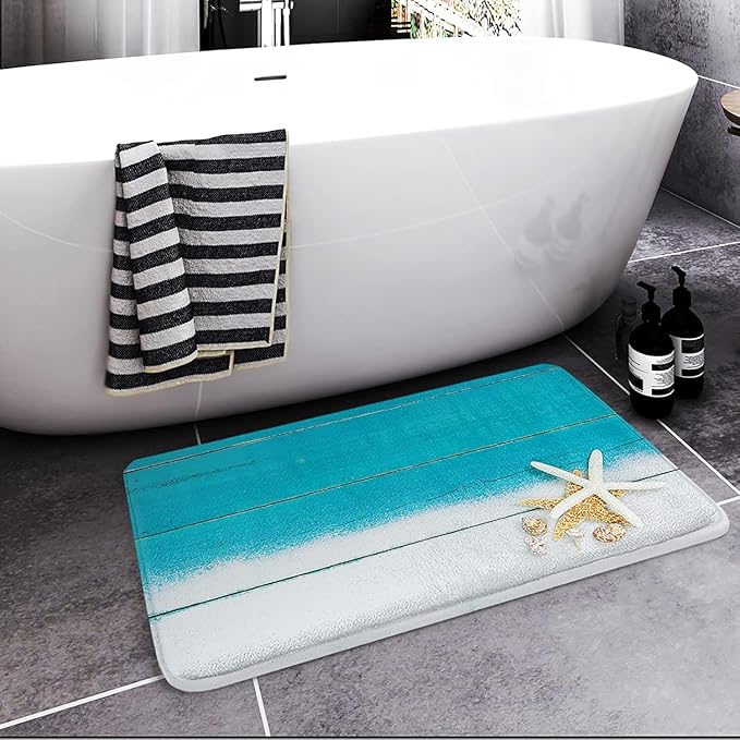 Britimes Bath Mat for Bathroom, Beach Starfish Sea Washable Cover Floor Rug Carpets Floor Mat Bathroom Decorations 18x30 Inches for Kitchen Bedroom Indoor