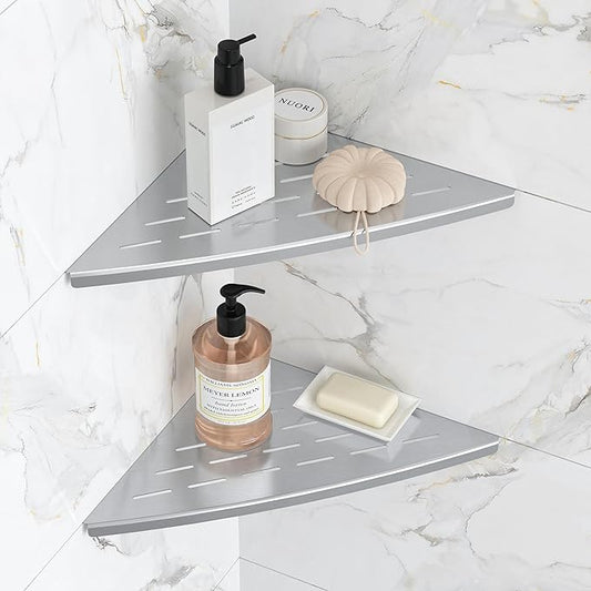 Corner Shower Shelf Brushed Nickel, 304 Stainless Steel 11.5” Recessed Corner Shelf Bathroom for Tiled Wall, Floating Shower Shelves Shampoo Holder, No Drilling, 2 Pack