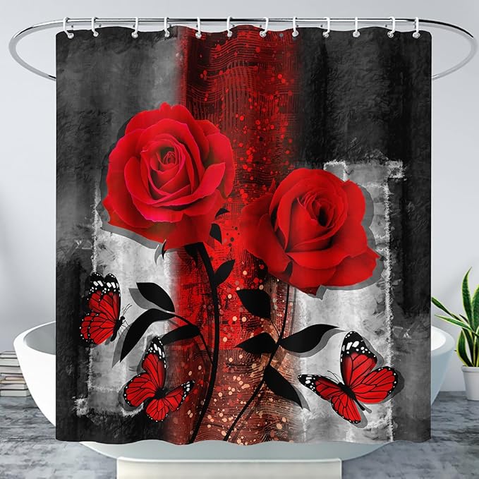 AILONEN Red Rose Shower Curtain for Bathroom, Romantic Rose Flower Bath Curtain,Grey Abstract Waterproof Floral Butterfly Print Shower Curtain Decoration with 12 Plastic Hooks, 36" W*72" H