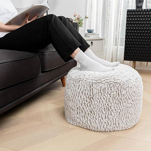 Asuprui Pouf Ottoman Stuffed Round Poof Ottoman Seat Foot Stool with Filler 20x20x12 Inches Fuzzy Chair Floor Pouf Chair Foot Rest with Storage for Living Room Bedroom Snow Coffee Pouf with Filler