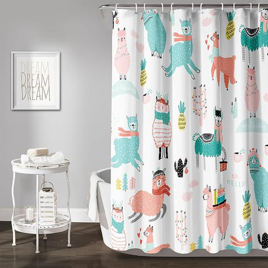 AILONEN Cute Llama Alpaca Shower Curtain 72" W*84" H Bathroom Curtains for Kids,Cartoon Animals Colorful Girls Cactus Bath Decor Fabric Polyester Waterproof Shower Curtain with 12 Pack Plastic Hooks