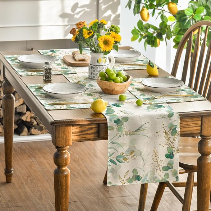 Artoid Mode Eucalyptus Summer Placemats for Dining Table, 12 x 18 Inch Spring Seasonal Holiday Decoration Rustic Vintage Washable Table Mats Set of 4 Beige