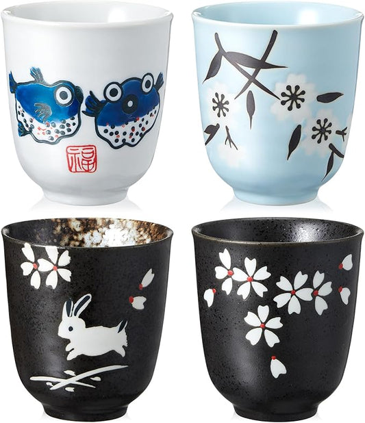 4 Pcs Japanese Tea Cups Handle Less Ceramic Japanese Gifts Chinese Restaurant Teacups Japan Mug Souvenirs for Matcha Bancha Green Tea(6 oz,Puffer Fish)