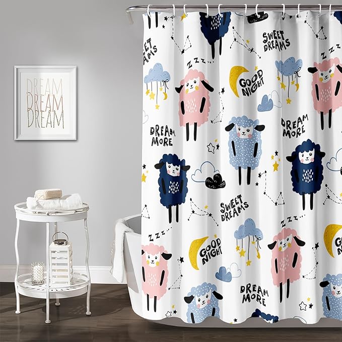 AILONEN Cute Sheep Shower Curtain for Bathroom,Constellation Star Clouds Printed Bath Curtain,Blue Pink Sheep Kids Curtain Waterproof with 2 Plastic Hooks 72" W*78" H