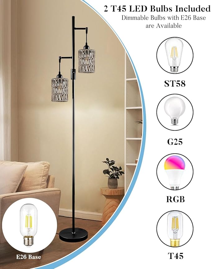 Lightdot 65" Dimmable Floor Lamp for Living Room, Industrial 2-Light Tree Floor Lamp with Black Rattan Cages, Bohemian Tall Standing Lamps, Modern Floor Lighting for Bedroom Office, E26 Base
