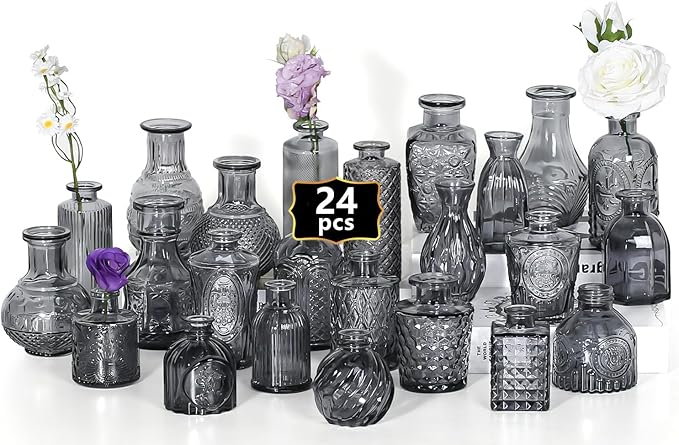 Mini Bud Vases As Wedding Centerpieces for Tables,Clear Bud Vases for Flowers,Small Flower Vases Suitable for Birthday Party,Anniversary,Wedding Reception,Baby Shower (Black, 24PCS)