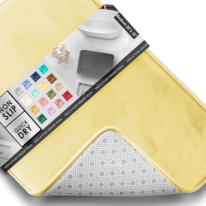 Clara Clark Bathroom Rugs, Velvet Memory Foam Bath Mat, Non-Slip, Machine Washable Bath Rugs - Dries Quickly, Ultra Soft Plush Bath Mats for Bathroom, 20 x 32, Mellow Yellow