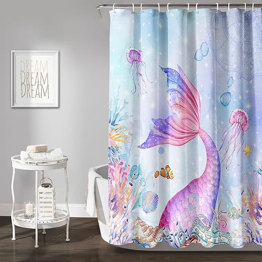 AILONEN Mermaid Shower Curtain,Blue Ocean Coral Jellyfish Coast Bathroom Curtain,Cartoon Mermaid Tail Print Kids Women Girls Bath Curtain 72" W*96" H Polyester Waterproof Shower Curtain with 12 Hooks