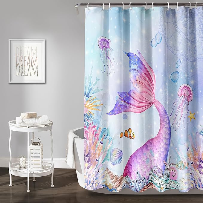 AILONEN Mermaid Shower Curtain,Blue Ocean Coral Jellyfish Coast Bathroom Curtain,Cartoon Mermaid Tail Print Kids Women Girls Bath Curtain 72" W*72" H Polyester Waterproof Shower Curtain with 12 Hooks