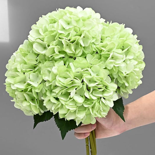 BLEUM CADE 8 Pcs Green Hydrangea Artificial Flowers with Stems, 18In Large Fake Green Flowers, Faux Hydrangea Flower for Home Decor Spring Wedding Table Centerpieces Decoration