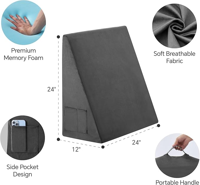 Bed Wedge Pillow for Sleeping, 12 Inch Memory Foam Wedge Pillow Post Surgery, Triangle Pillow Wedge, Elevated Support Pillows for Sleeping, Acid Reflux & Snoring - Removable Washable Cover