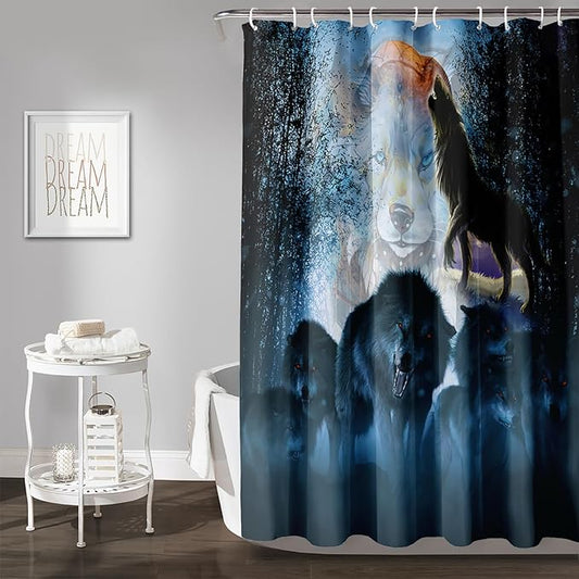 AILONEN Boys Wolf Shower Curtain for Bathroom Decor,3D Howling Wolf Ferocious Wolf Wildlife Decor Bath Curtain 72" W*72" H Polyester Fabric Waterproof Bathroom Curtain with 12 Hooks