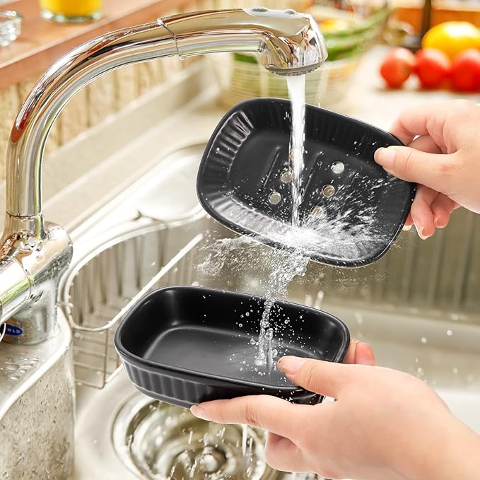 Tebery 2 Pack Ceramic Soap Dish, Non-Slip Shower Soap Holder, Double Layer Detachable Soap Saver Tray for Bathroom, Kitchen Sink, Countertop