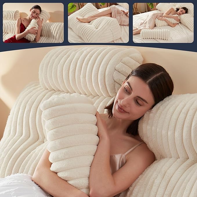 Faux Fur Headboard Pillow with 2 Pack Neck Roll Pillow Large Headboard Pillow Soft and Supportive with Removable Cover (Beige, Queen)