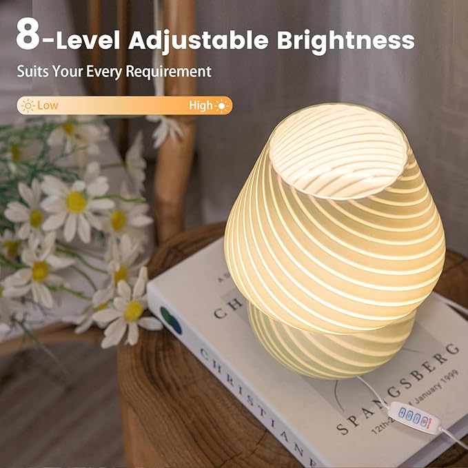 USB Plug-in Mushroom Lamp Small Bedside Table Lamp with 3 Temperature LED Bulb,Free Dimming Nights Light for Bedroom/Living Room/Entryway/Corner Decor (Stripe Green)