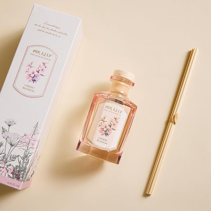 Airkeep Reed Diffuser Set-6.09 oz (180ml) Cherry Blossom Scented Diffuser with 8 Reed Sticks Home Fragrance Oil Diffuser for Bathroom Shelf Decor