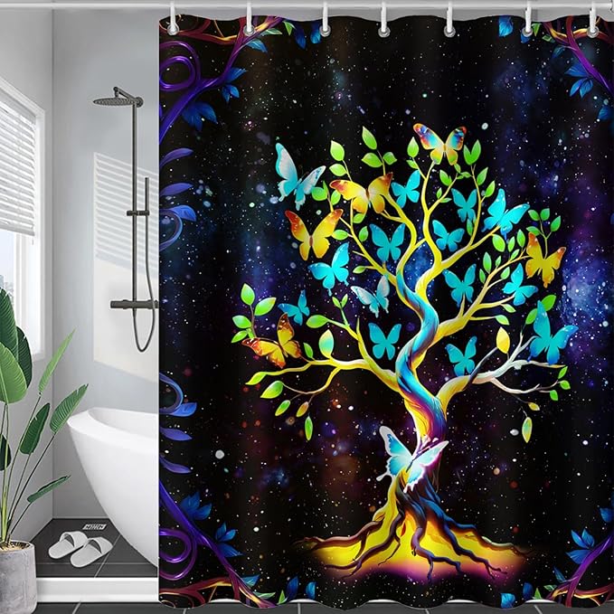 AILONEN Tree of Life Shower Curtain for Bathroom,Galaxy Starry Glowing Tree of Life Bath Curtain,Colorful Tree Shower Curtain Waterproof with 12 Plastic Hooks for Boys Girls Adults 48" W*72" H