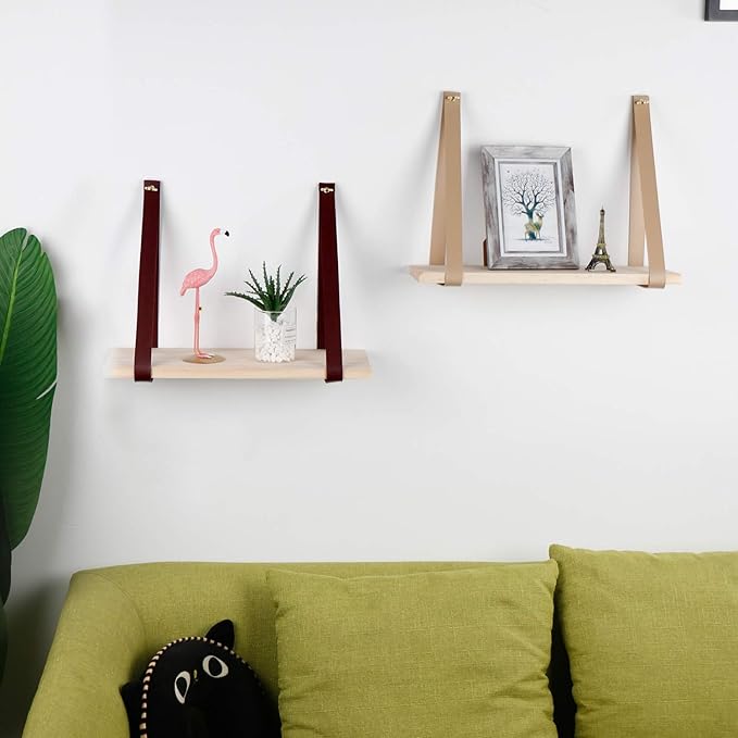 Leather Strap Wood Floating Wall Shelf Wooden Shleves Wall Organizer Wall Mount Shelf Home Decor Kitchen Living Room Bedroom(Pink Set of 2)