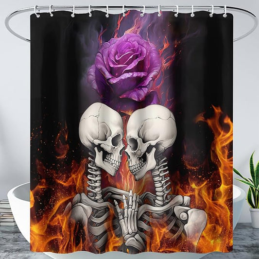 AILONEN Sugar Skull Shower Curtain,Fire Rose with Skeleton Design Shower Curtain Set with Hooks for Boys Girls Teens,Gothic Skull60 W*72" H