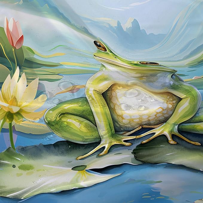 AILONEN Cartoon Frog Shower Curtain Set for Bathroom,Kawaii Green Frog Bath Curtain,Amphibian Animal Shower Curtain,Lotus Flower Waterproof Fabric Shower Curtain with Hooks,72" W*84" H