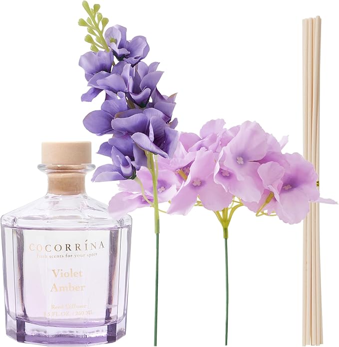 COCORRÍNA Reed Diffuser - Violet Amber 8.5oz Flower Reed Diffuser Set with 8 Sticks, Home Fragrance Reed Diffuser for Home Bedroom Office Bathroom Shelf Decor (Master Collection)