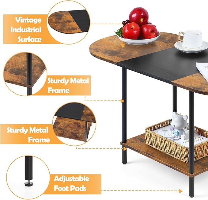 Coffee Tables for Living Room,2-Tier Small Coffee Table Farmhouse Oval Center Table with Storage Shelf and Wood Tabletop,for Small Space,Home Office,Black & Brown