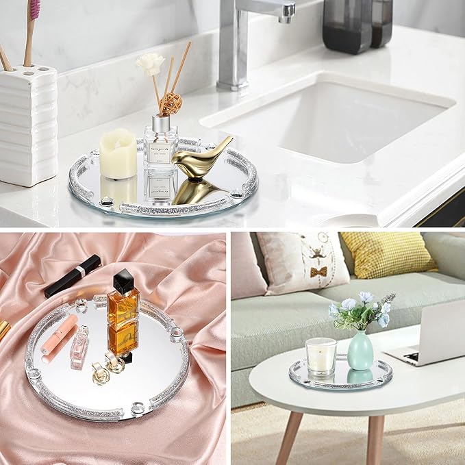 Hipiwe Crushed Diamond Perfume Tray - 9.8" Round Mirror Vanity Trays Glass Decorative Trays for Bathroom Countertop Cosmetic Makeup Organizer Tray Silver Jewelry Trays