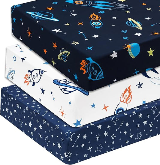 3 Pack Fitted Crib Sheets, Ultra Soft Breathable Comfortable Baby Sheet Set for Boys Girls Neutral, 28x52 Inch Fits Standard Crib and Toddler Mattresses, Space