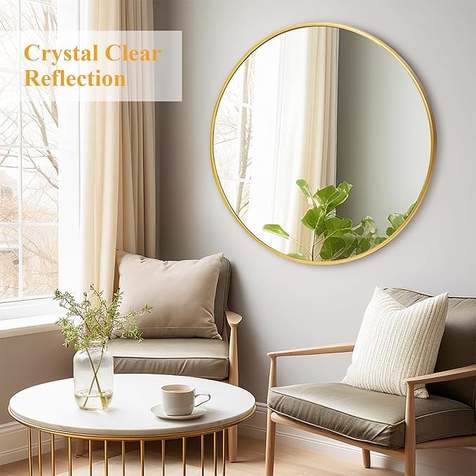 Fabuday Round Gold Mirror 28 Inch - Large Circle Mirror for Bathroom, Bedroom, Living Room, Hallway Decor, Hanging Big Golden Framed Circular Mirror
