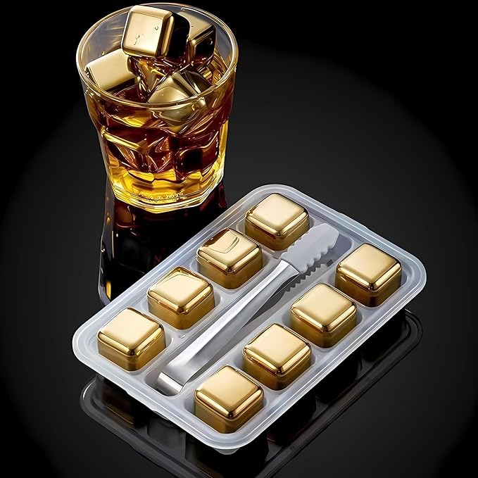 ShanSon Wine Chillers Metal Ice Cube 8 PCS Stainless Steel Whiskey Stones Reusable Whiskey Rocks Beverage Chilling Stones for Scotch and Bourbon Drinking Gifts Set for Men Dad Husband,Gold