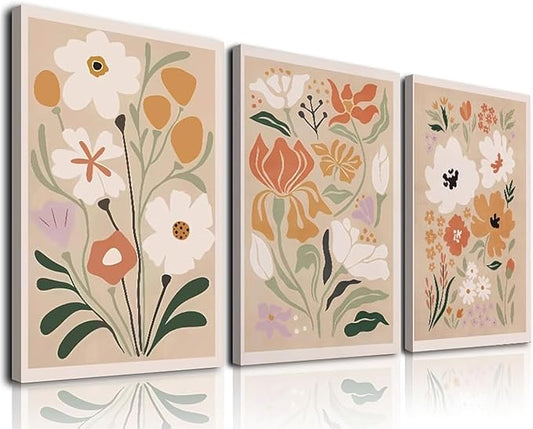 Framed Canvas Wall Art Set of 3, Minimalist Abstract Flower Floral Wall Art Farmhouse Decor, Boho Style Wall Decor Paintings, Modern Botanical Flower Art Print for Bathroom, Bedroom, Gallery, Living
